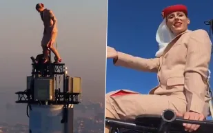 شاهد| ماذا تفعل مضيفة طيران أعلى قمة برج خليفة؟