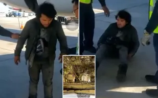 رجل يختبئ لساعات خلف عجلات طائرة محلقة! (فيديو)