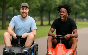 سباق طريف بين MrBeast وIShowSpeed بسيارة كهربائية صغيرة (فيديو)