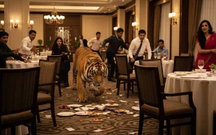 لحظات رعب في فندق هندي بعد دخول نمر بري إلى قاعة الطعام (فيديو)