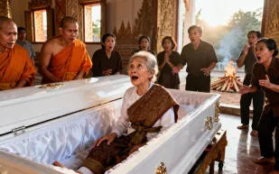 صدمة في معبد تايلاندي.. عجوز تعود للحياة داخل التابوت (فيديو)