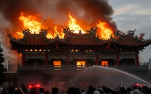 حريق ضخم يلتهم واجهة معبد وينتشانغ التاريخي في الصين (فيديو)