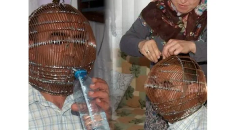 بالصورة..زوجة تجبر زوجها على العيش ورأسه بقفص حديدي ... والسبب؟