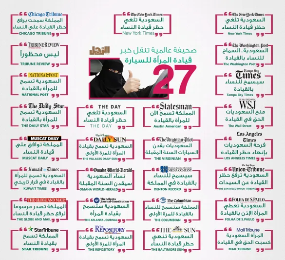 إنفوجراف| الصحف العالمية تُشيد بقرار السماح للمرأة بالقيادة إنفوجراف| الصحف العالمية تُشيد بقرار السماح للمرأة بالقيادة