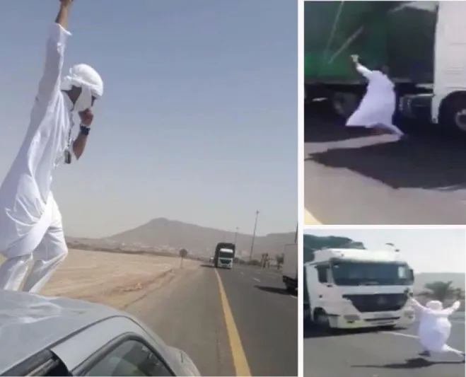 شاهد| القبض على  شاب مستهتر اعترض طريق شاحنة بالمدينة المنورة