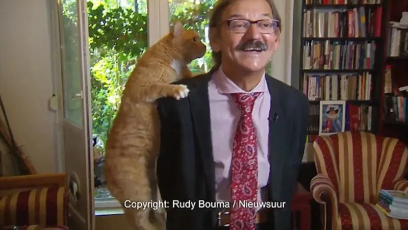 شاهد| قط يتسلق كتف صاحبه أثناء مقابلة تلفزيونية ويضعه في موقف محرج