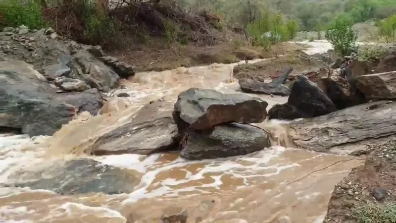 لقطات ساحرة لتشكل الشلالات وجريان الأودية بعد هطول الأمطار على بارق (فيديو)