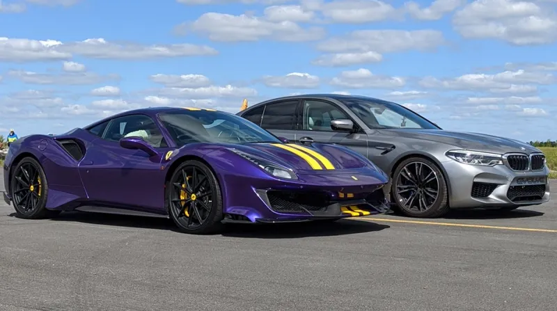 شاهد| سباق تسارع مثير بين عملاقي السرعة بي إم دبليو M5 وفيراري 488 بيستا