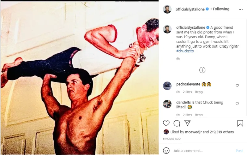 بعد 55 عامًا. ستالون يكشف سر حمله لصديقه لتقوية ذراعيه في صورته الشهيرة 