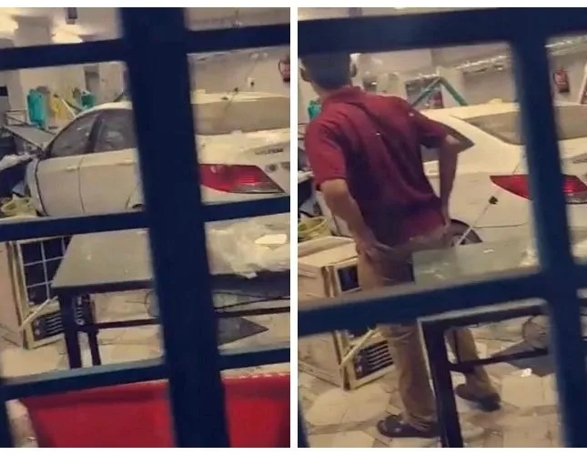 سيارة تفقد السيطرة وتقتحم مطعما في جدة (فيديو)