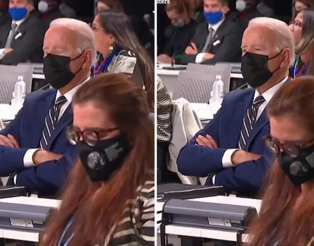 «بايدن» يغوص في النوم خلال مؤتمر عالمي (فيديو)