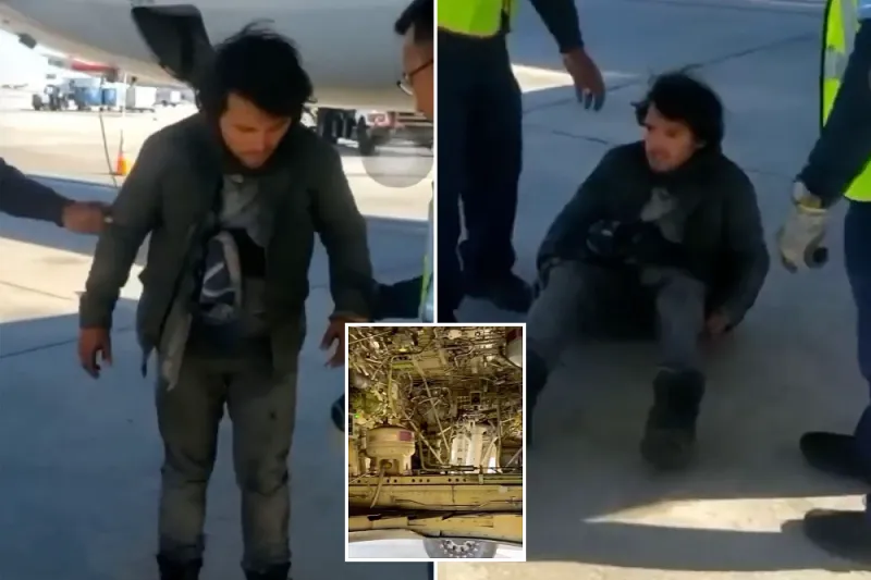 رجل يختبئ لساعات خلف عجلات طائرة محلقة! (فيديو)