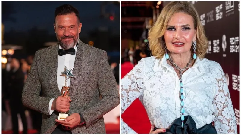 لقطة طريفة بين ماجد المصري ويسرا في كواليس البحر الأحمر السينمائي (فيديو)