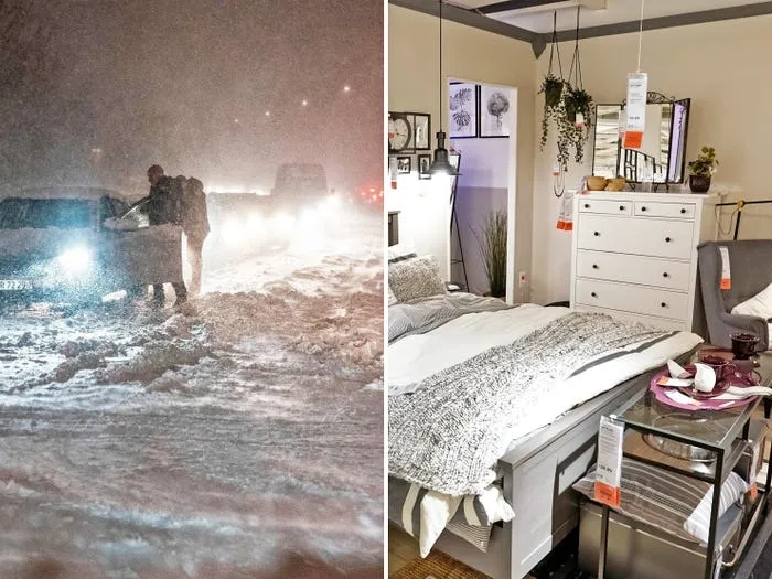 استمتعوا بنوم هادئ ووجبات لذيذة..شاهد عاصفة ثلجية تحول إيكيا لملجأ 