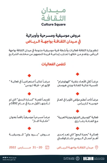 وزارة الثقافة تنظم عروضًا موسيقية ومسرحية وأوبرالية في واجهة الرياض