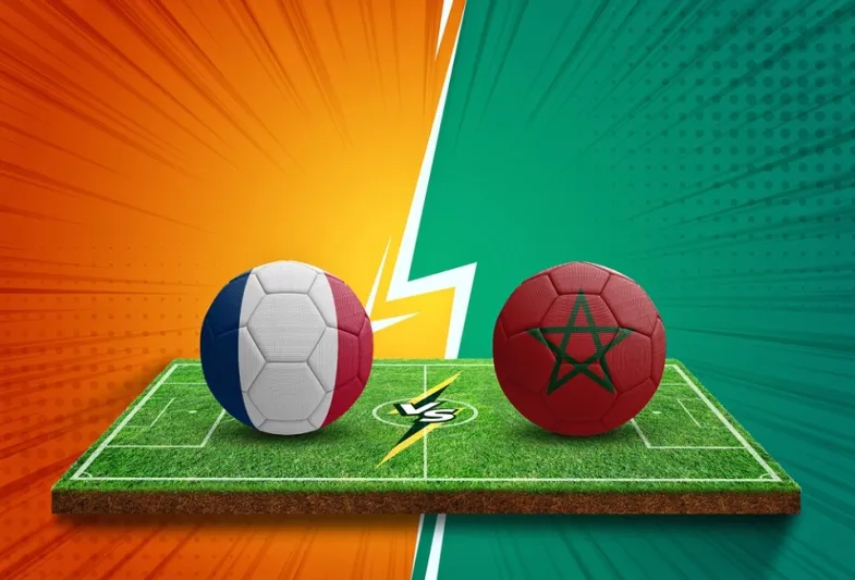 لقطة تعبيرية لعلمي المغرب وفرنسا قبل لقاء نصف نهائي كأس العالم 2022 مصدر الصورة shtterstock ما هو ملعب مباراة المغرب وفرنسا اليوم في نصف نهائي كأس العالم 2022؟