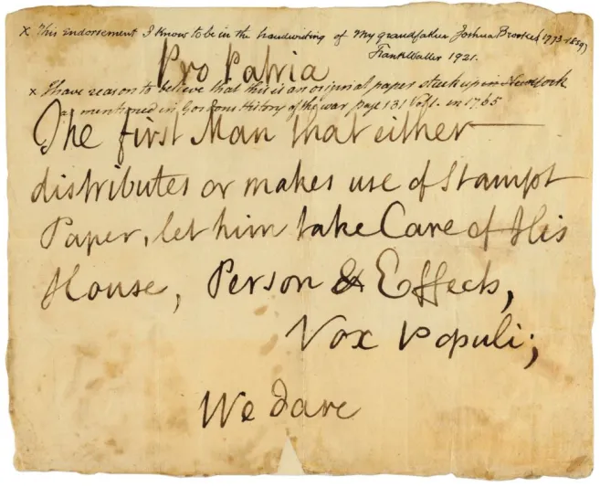 وثيقة نادرة عن تحدي قانون الطوابع في أمريكا للبيع في مزاد بـ 6 ملايين دولار