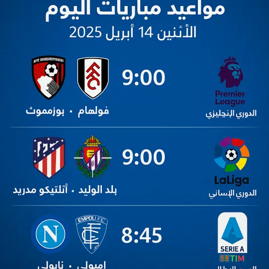 مواعيد مباريات اليوم الاثنين 14 أبريل 2025