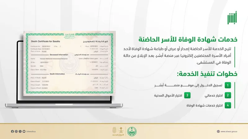 الأحوال المدنية تطلق خدمة رقمية لإصدار شهادات الوفاة للأسر الحاضنة