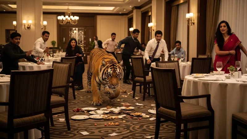 لحظات رعب في فندق هندي بعد دخول نمر بري إلى قاعة الطعام (فيديو)