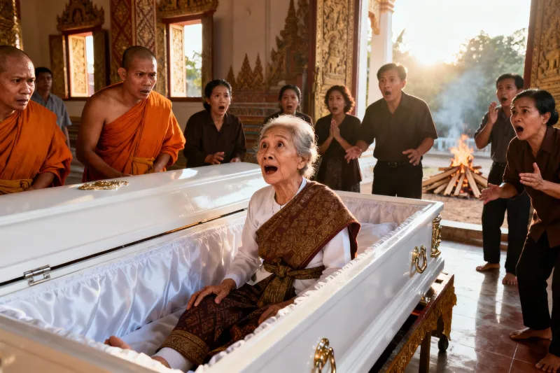 صدمة في معبد تايلاندي.. عجوز تعود للحياة داخل التابوت (فيديو)