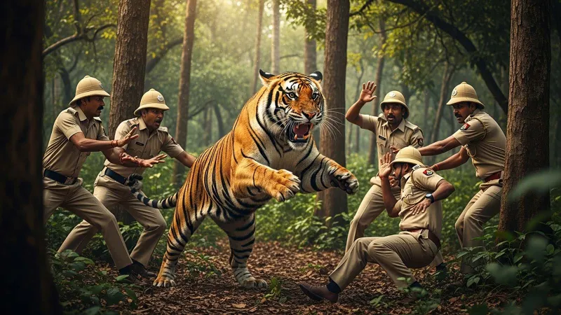 نمر يهاجم ضباط شرطة في كولهابور.. ونجاة أحدهم بأعجوبة (فيديو)