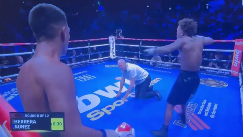 لحظة محرجة.. حكم يسقط أرضًا أثناء مباراة ملاكمة (فيديو)