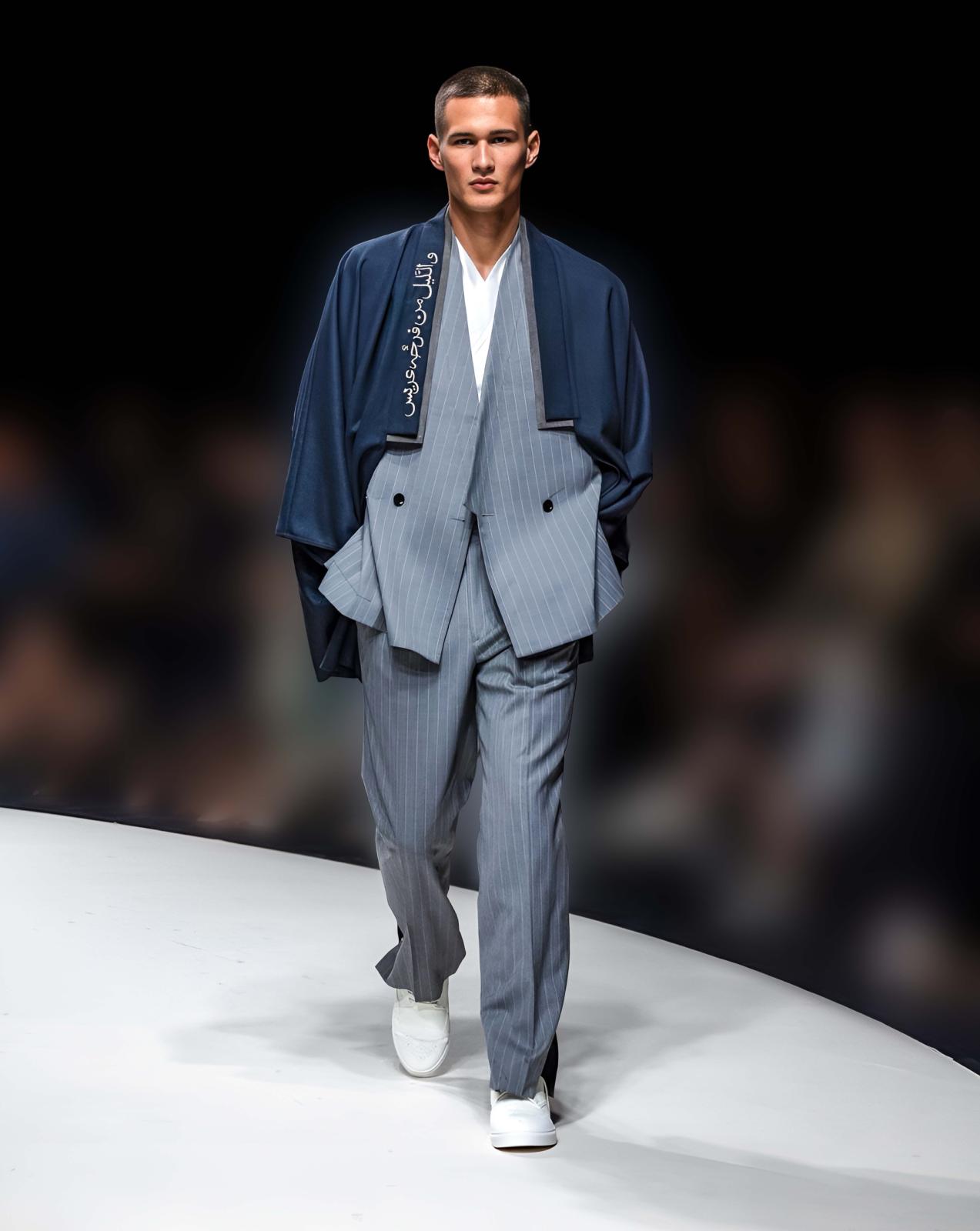 يعد هذا البشت الأنيق واحدًا من أبرز تصاميم نورا سليمان، وهو مزين بتطريز يدوي لجملة "والليل من فرحة عريس" مستوحاة من أغنية "ليلة خميس" الشهيرة في الثمانينيات للنجم محمد عبده