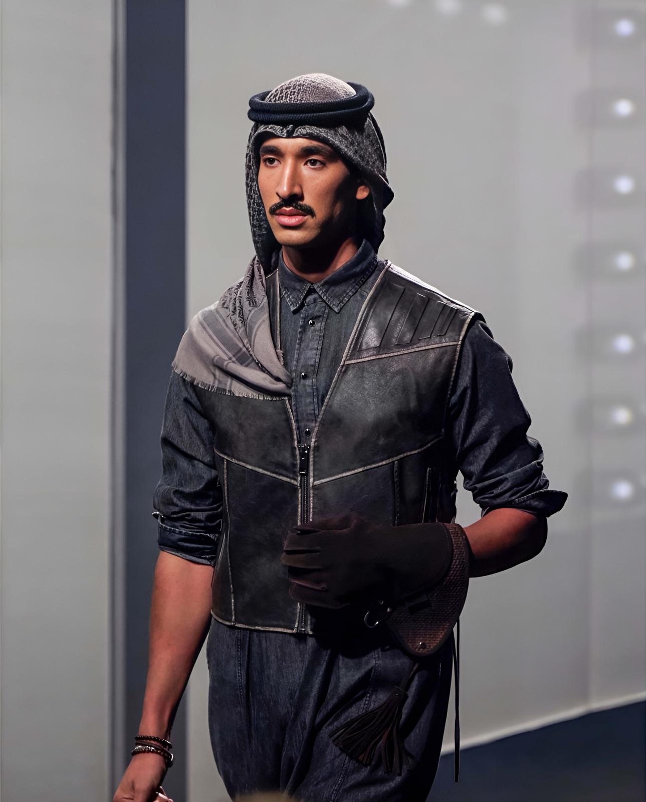 إطلالة تليق بمغامر جريء يفضل اختيار الأزياء غير التقليدية. هذه الإطلالة من العلامة التجارية مهيار تعكس منظورًا أكثر جرأة وحداثة للأزياء التراثية، تجمع بين الزي التقليدي والصديري الجلد مع القفاز الخاص برياضة الصقارة وشماغ ملقى على الكتف بطريقة شبابية عصرية - المصدر: حساب مهيار عبر انستغرام