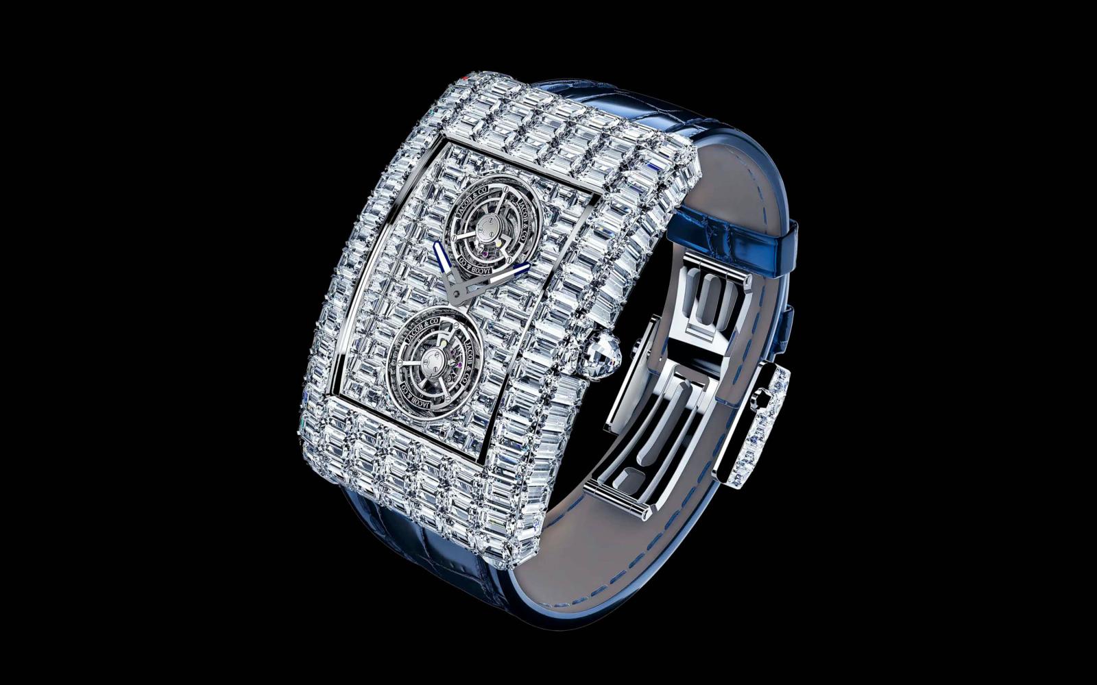 في هذه الساعة، تلتقي قطع الألماس المستحدث مع عرض توربيون مزدوج في تكوين بصري يعكس أقصى درجات الحِرَفية والتعقيد