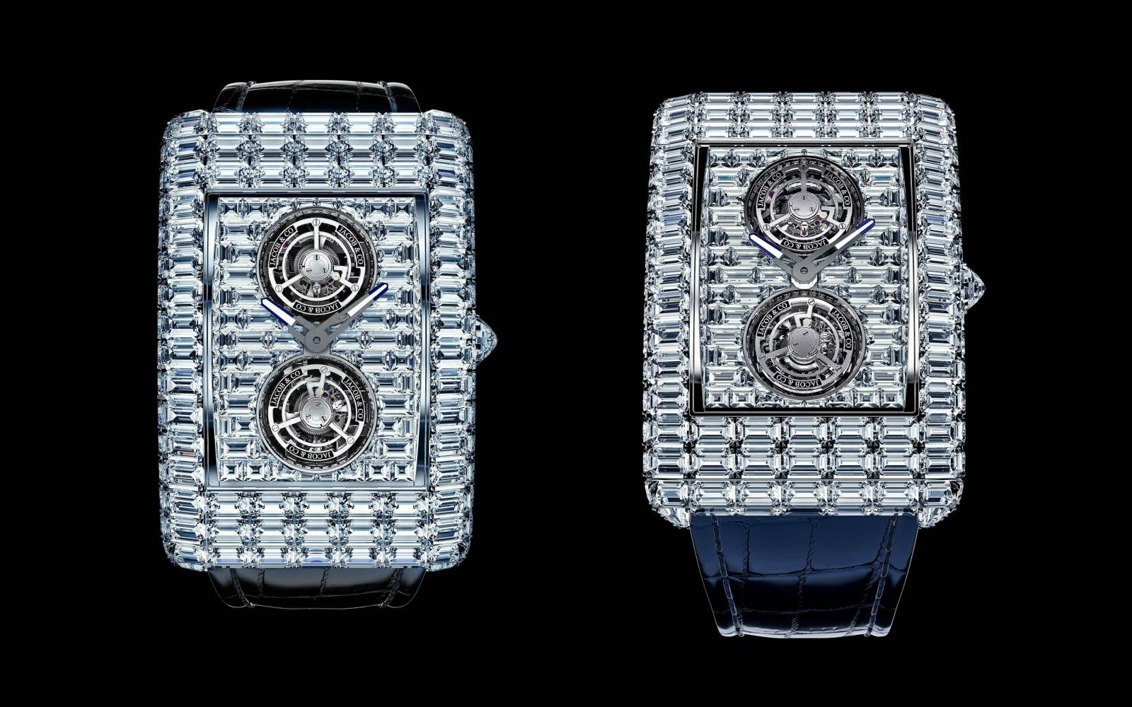 تصميم مرصّع بالكامل بالألماس يغلّف العلبة والميناء، تتوسطه آليتا توربيون متقابلتان تمنحان الساعة حضورًا بصريًا استثنائيًا