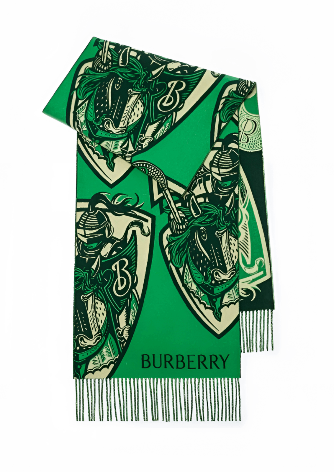وشاح من الكشمير الفاخر من تصميم بربري  Burberry، منسوج بتقنية الجاكار ومزين برسومات فنية مستوحاة من تصميم فارسنا. صُمم هذا الوشاح في استوديو لندن، ويحيط به درع، يُصوّر الفارس والحصان.