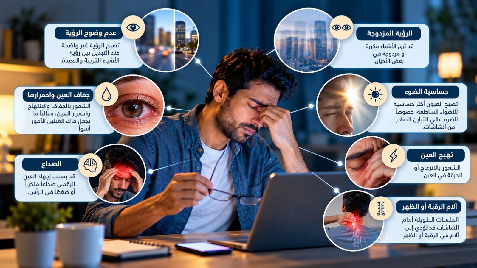عدم وضوح الرؤية وحساسية الضوء وجفاف العين من أبرز أعراض إجهاد العين الرقمي