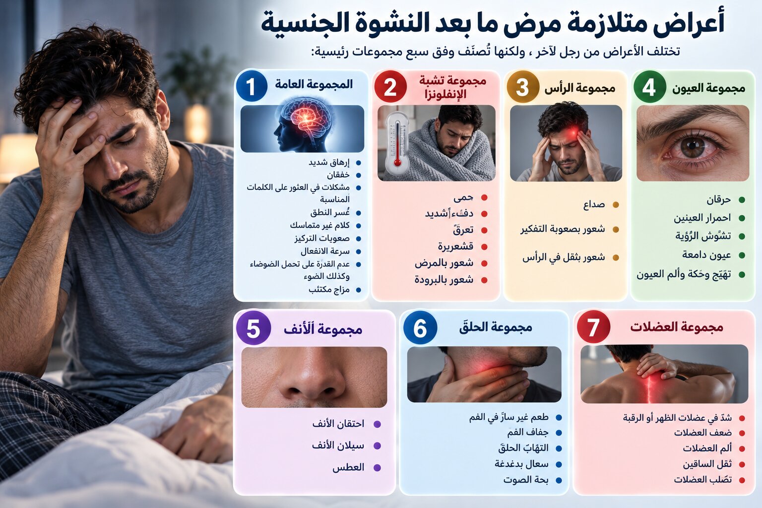 تنقسم أعراض متلازمة مرض ما بعد النشوة الجنسية إلى سبع مجموعات