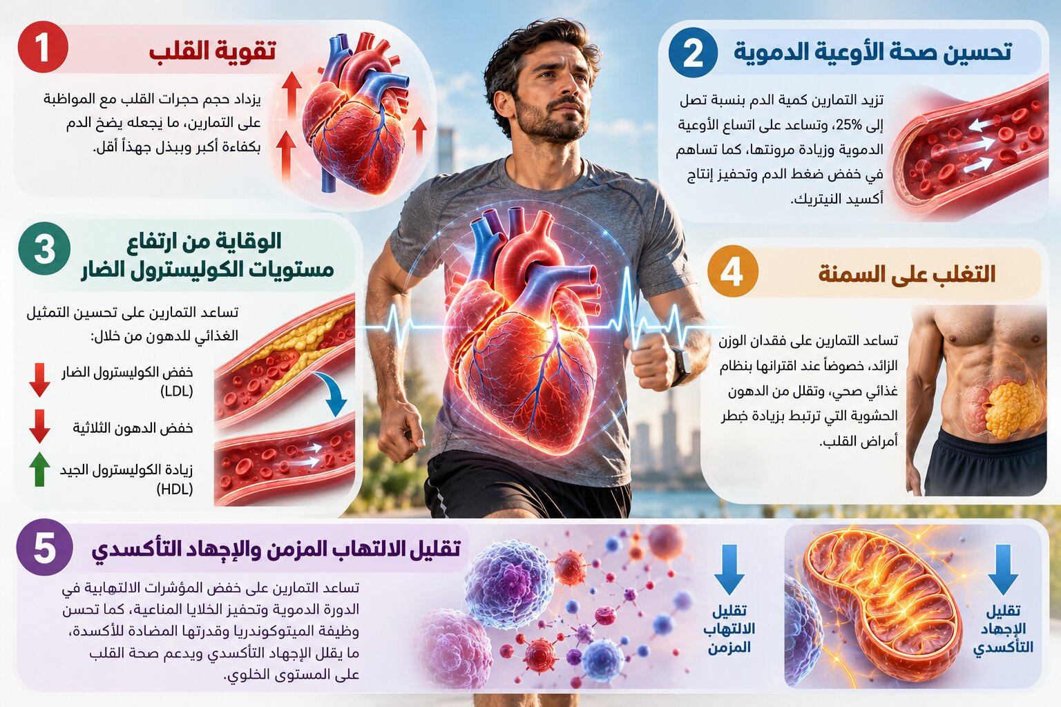تقوية القلب وتحسين صحة الأوعية الدموية وخفض الكوليسترول الضار والتغلب على السمنة أبرز فوائد التمارين لصحة القلب