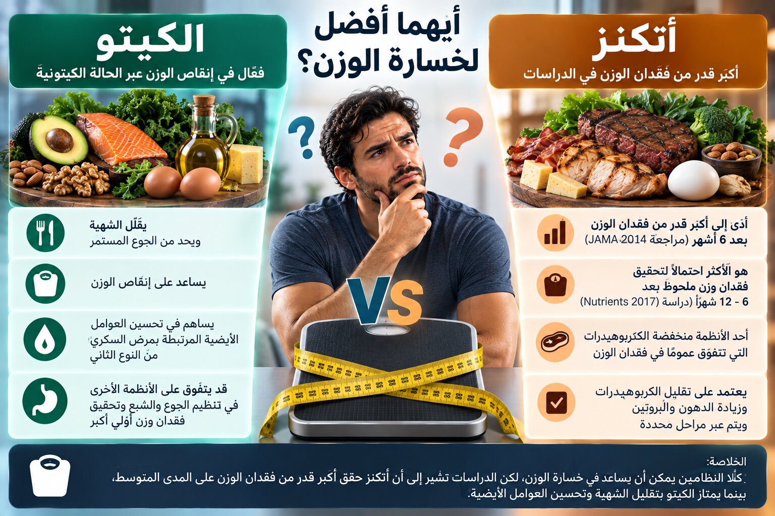 رجيم أتكنز كان أكثر فاعلية بعد أشهر مقارنة بأنظمة غذائية أخرى في إنقاص الوزن، بينما يقلل رجيم الكيتو الشهية ويساعد على إدارة السمنة والأيض