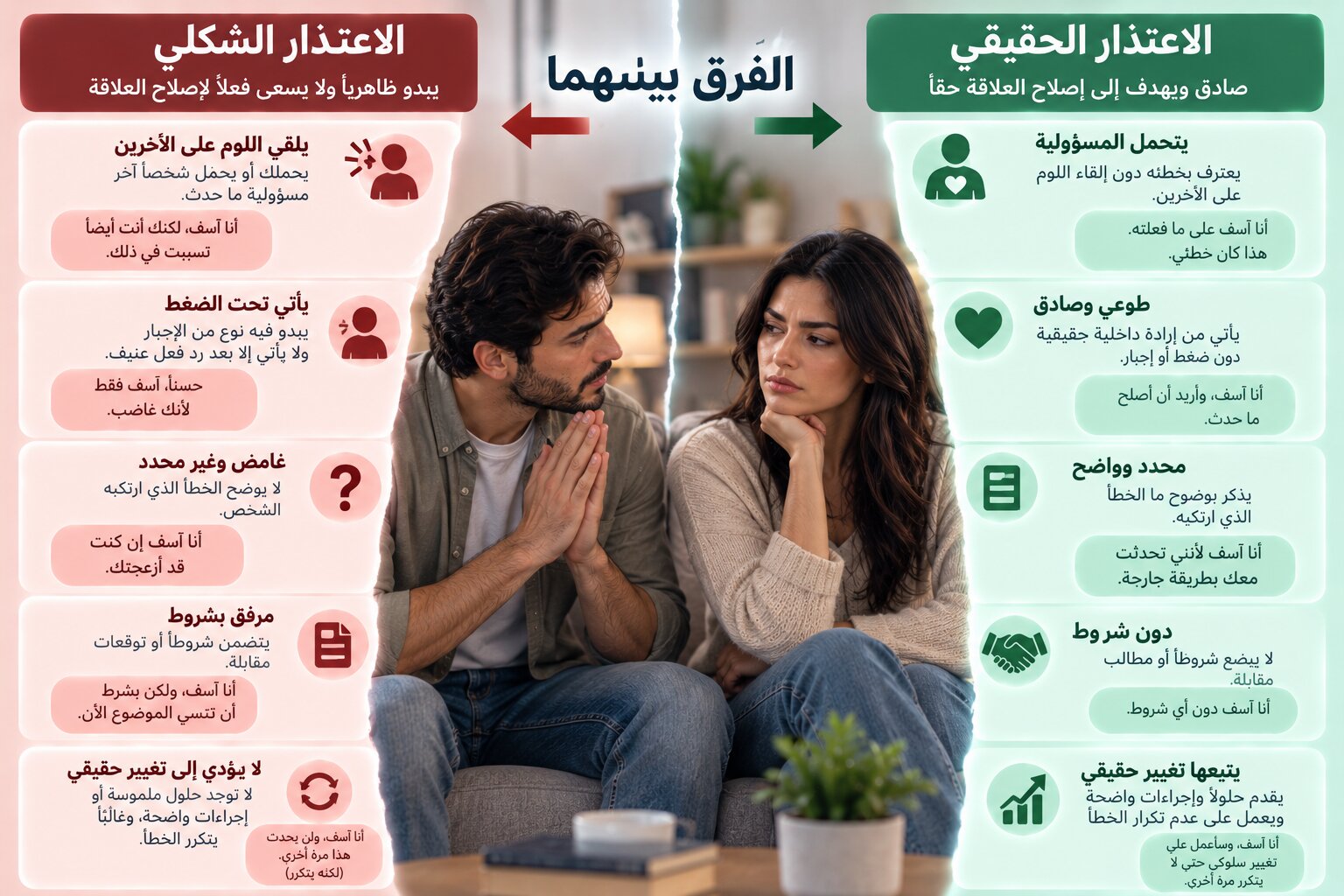 الاعتذار الحقيقي يعني تحمل المسؤولية، ويكون طوعيًا ويحدد الخطأ بوضوح بخلاف الاعتذار الشكلي