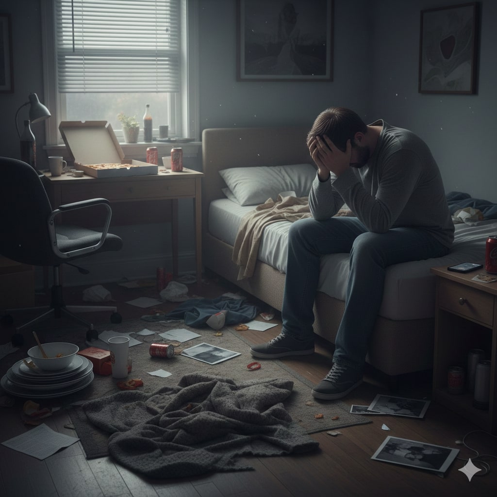 رجل مكتئب في غرفة فوضوية تعبيرية عن هل فوضى الغرفة علامة على الاكتئاب؟