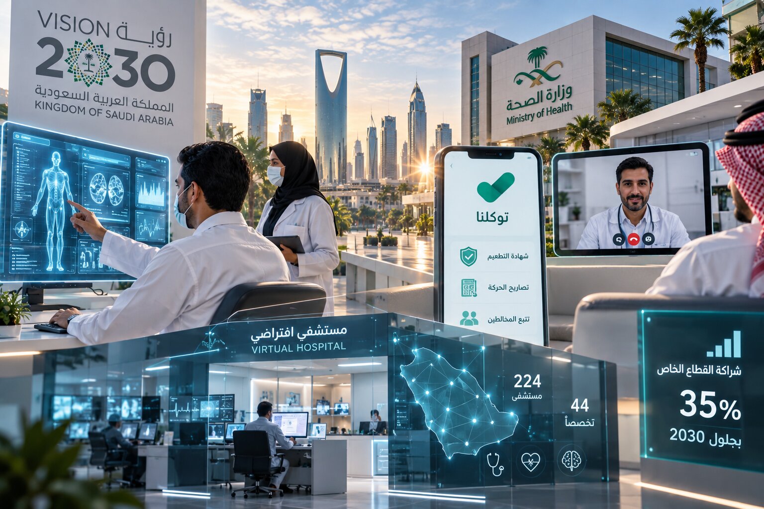 رقمنة الرعاية الصحية، وإنشاء تطبيق توكّلنا خلال جائحة كوفيد-19، واستهداف زيادة حصة القطاع الخاص بحلول عام 2030