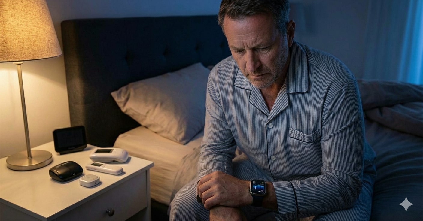 رجل قلق تعبيرية عن الجانب المظلم لاستخدام الأجهزة الذكية للنوم