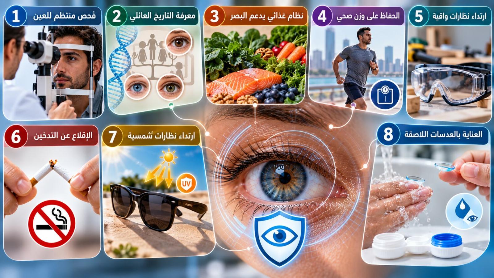 الفحص المنتظم للعين، والطعام الصحي، والنظارات الشمسية الواقية من طرق الحفاظ على صحة العيون