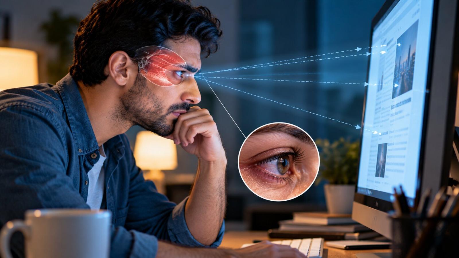 تبذل العين جهدًا في التركيز وإعادة التركيز، مع قلة الرمش، ما قد يزيد إرهاق العين