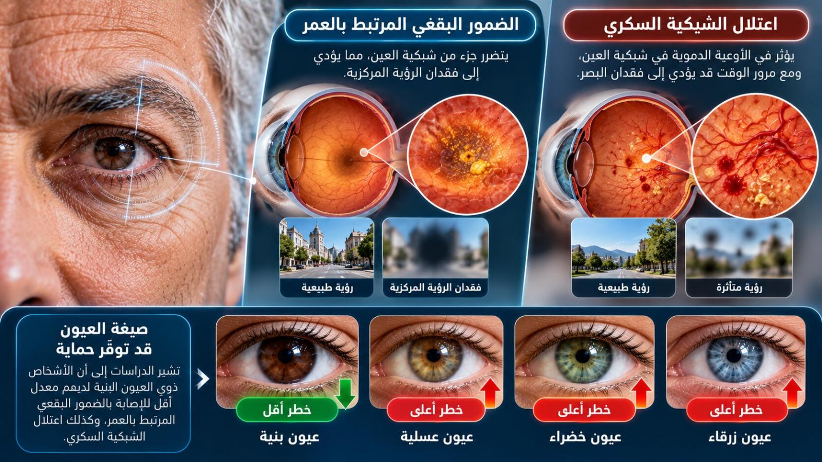 العيون البنية مرتبطة بانخفاض خطر الإصابة بالضمور البقعي، واعتلال الشبكية السكري