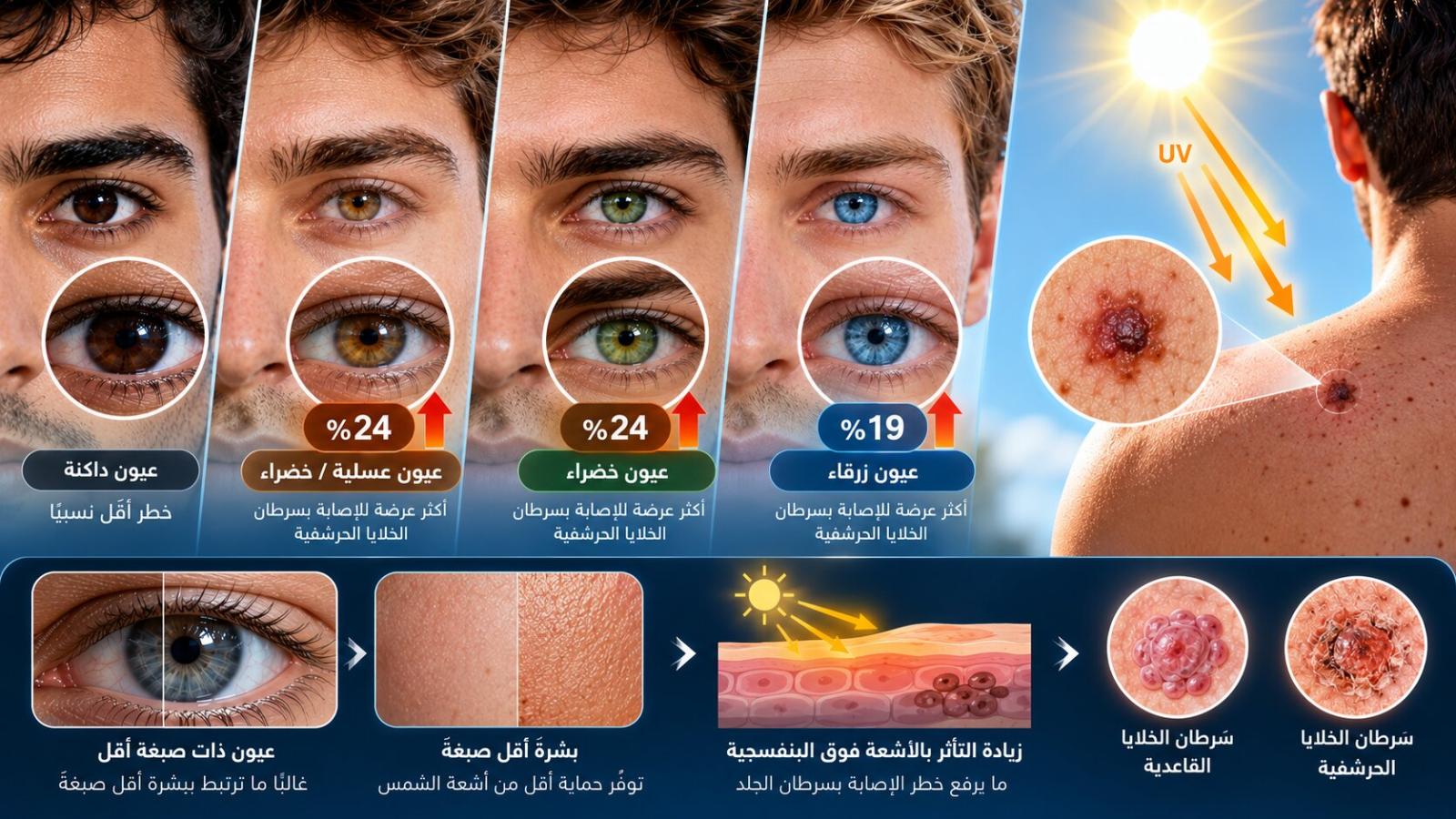 العيون العسلية أو الخضراء قد تزيد خطر الإصابة بسرطان الخلايا الحرشفية الجلدي بنسبة 24%