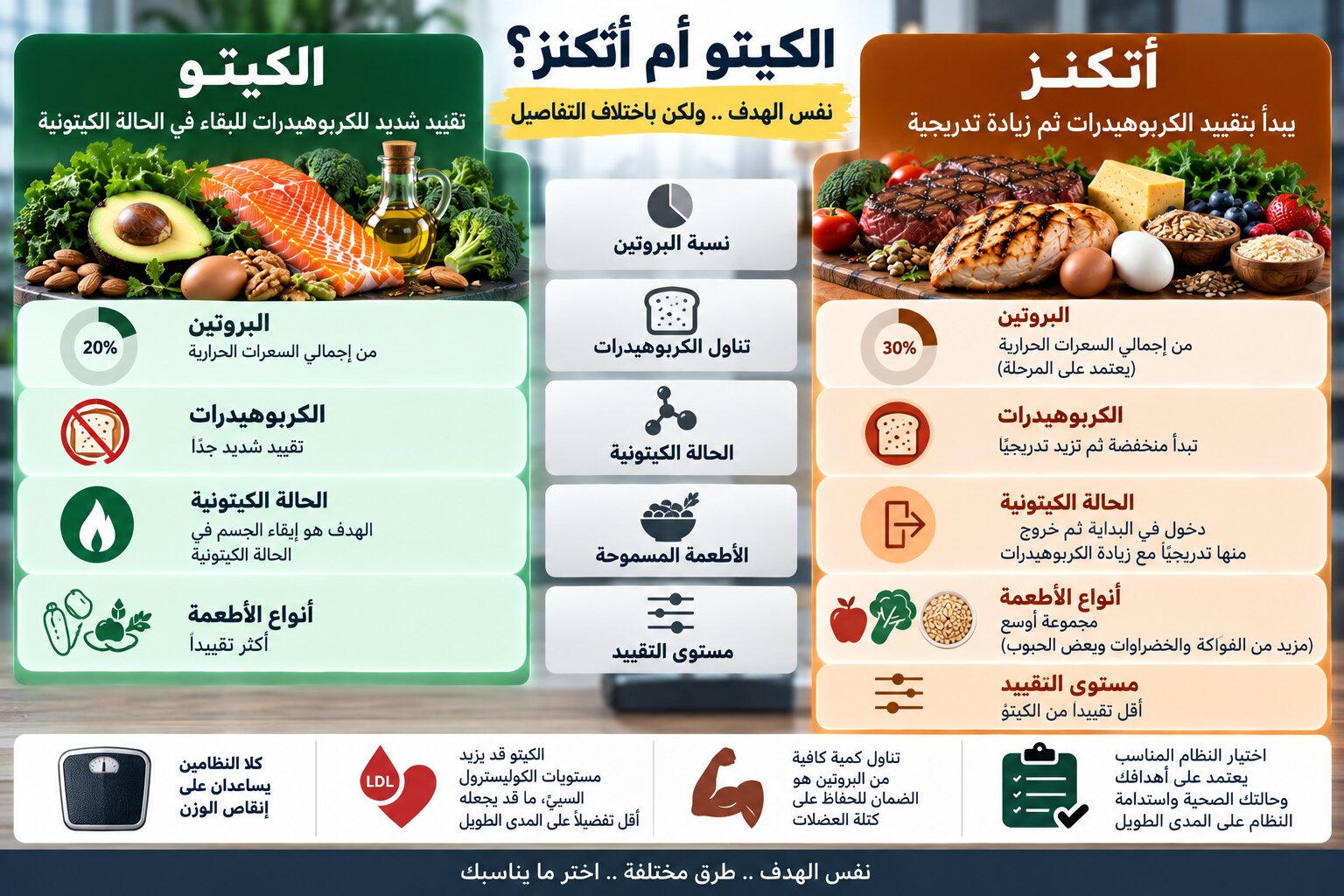 رجيم أتكنز أكثر مرونة، بينما يستهدف رجيم الكيتو الحالة الكيتونية