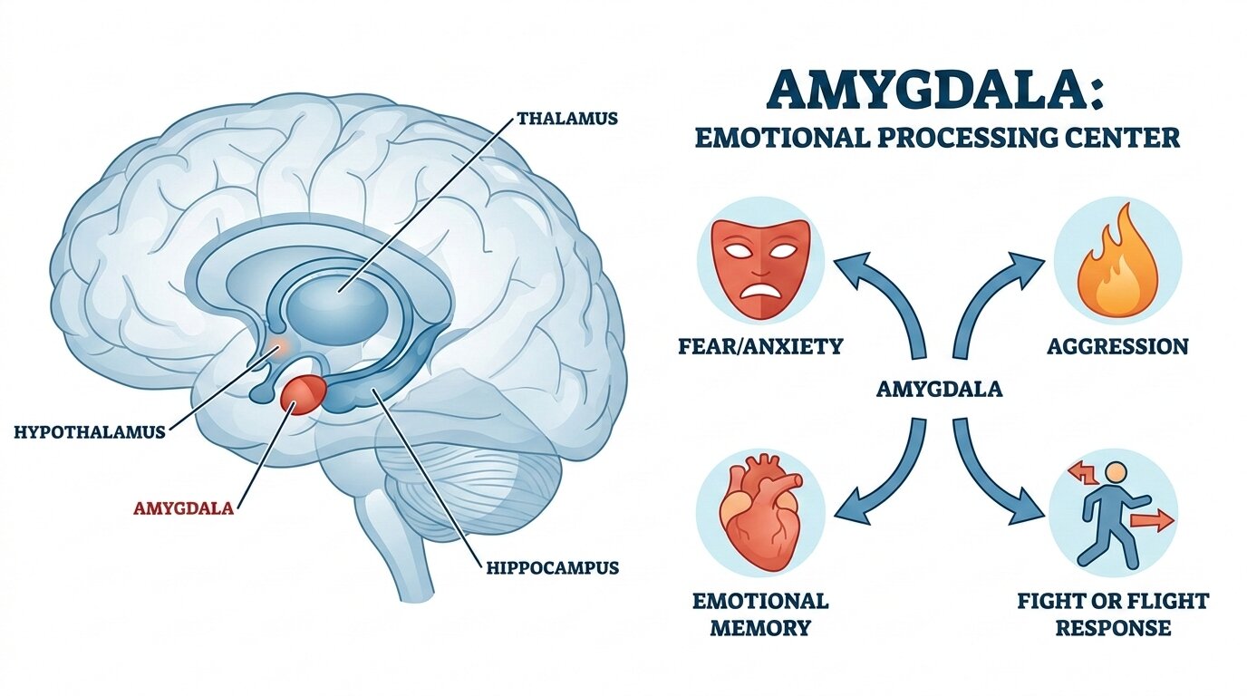 رسم يوضّح مكان اللوزة الدماغية والحُصين ووظيفة اللوزة الدماغية