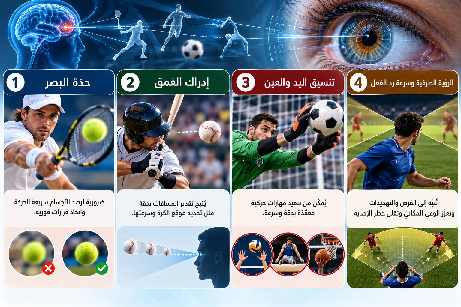 حدة البصر وإدراك العمق وتنسيق اليد والعينين من الخصائص البصرية التي تؤثر في الأداء الرياضي