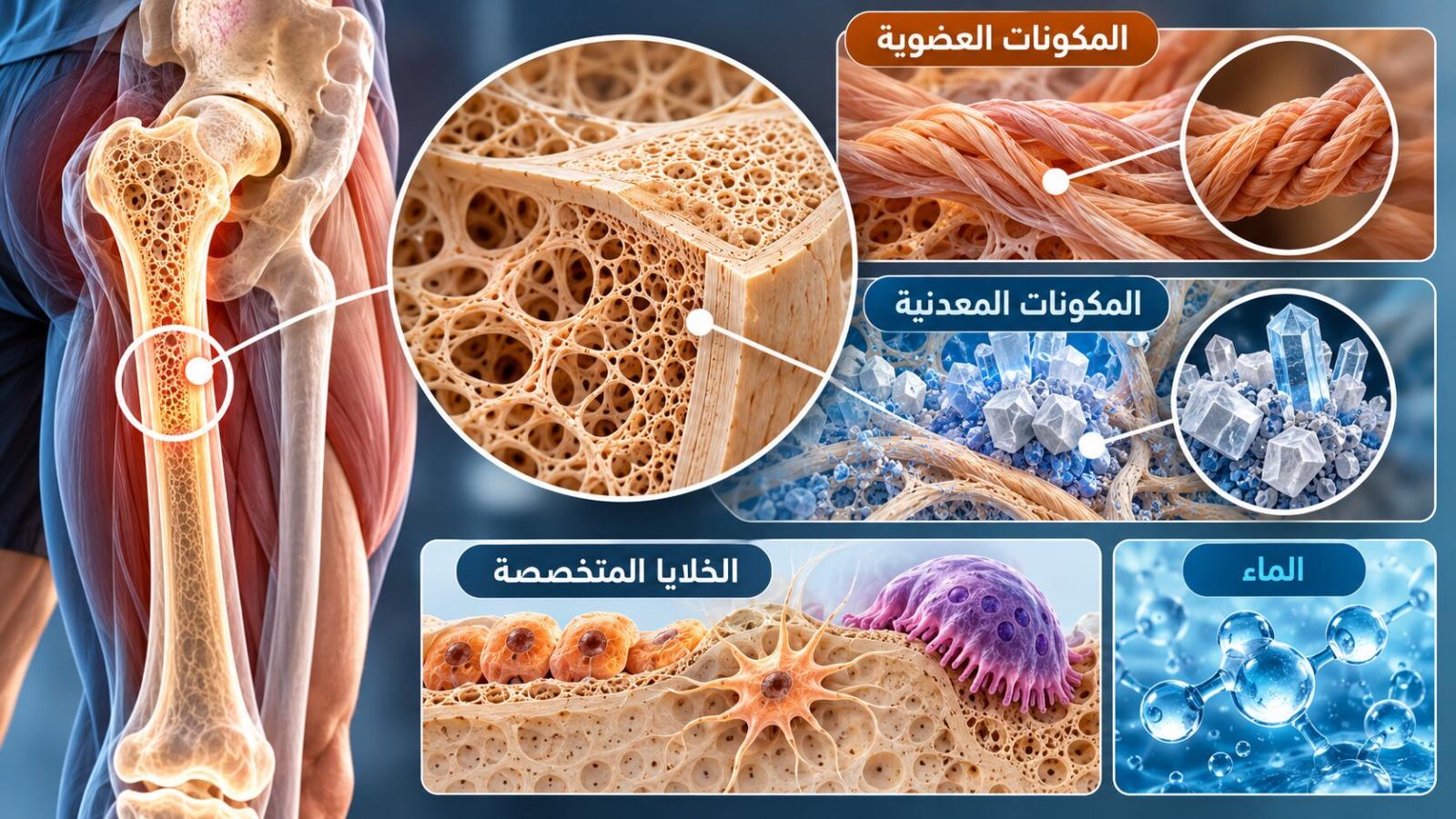 تتكون العظام من مكونات عضوية (الكولاجين) ومعدنية وخلايا متخصصة وماء
