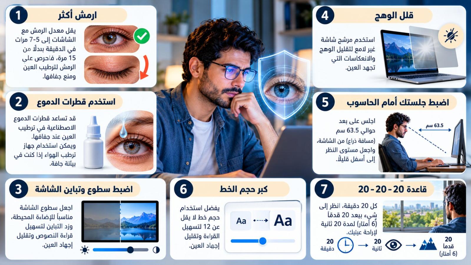 كثرة الرمش وضبط سطوع وتباين الشاشة وقاعدة 20-20-20 من طرق حماية العين من الشاشات الرقمية
