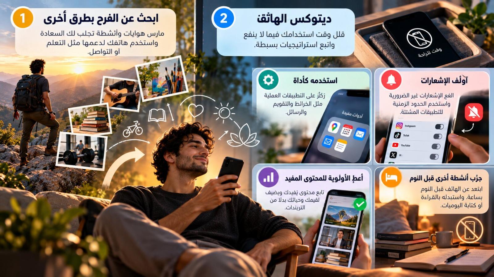 تجربة أنشطة أخرى تجلب لك الفرح، مع إعطاء الأولوية للمحتوى المفيد والحد من الإشعارات، قد يحافظ على صحتك النفسية من أضرار الهواتف